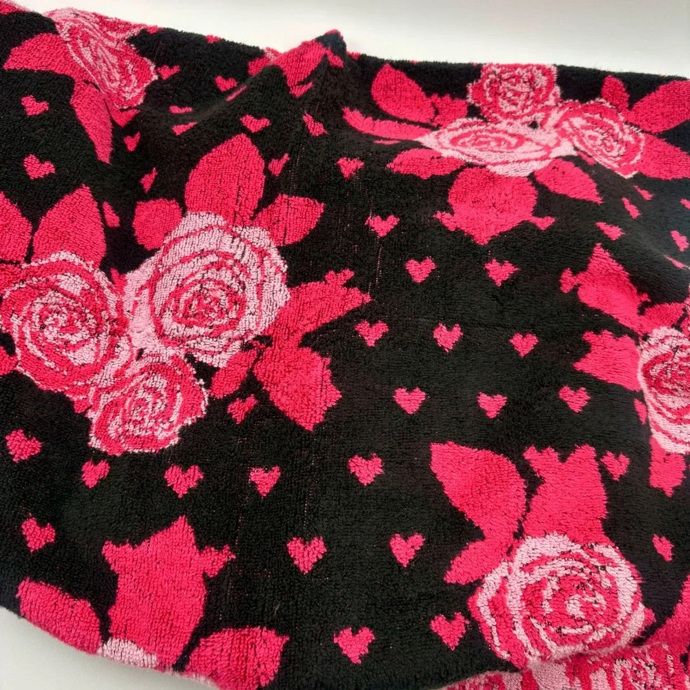 Betsey Johnson 4pc Towel Set Pink Roses Hearts Black Cotton Bath & Hand Towels